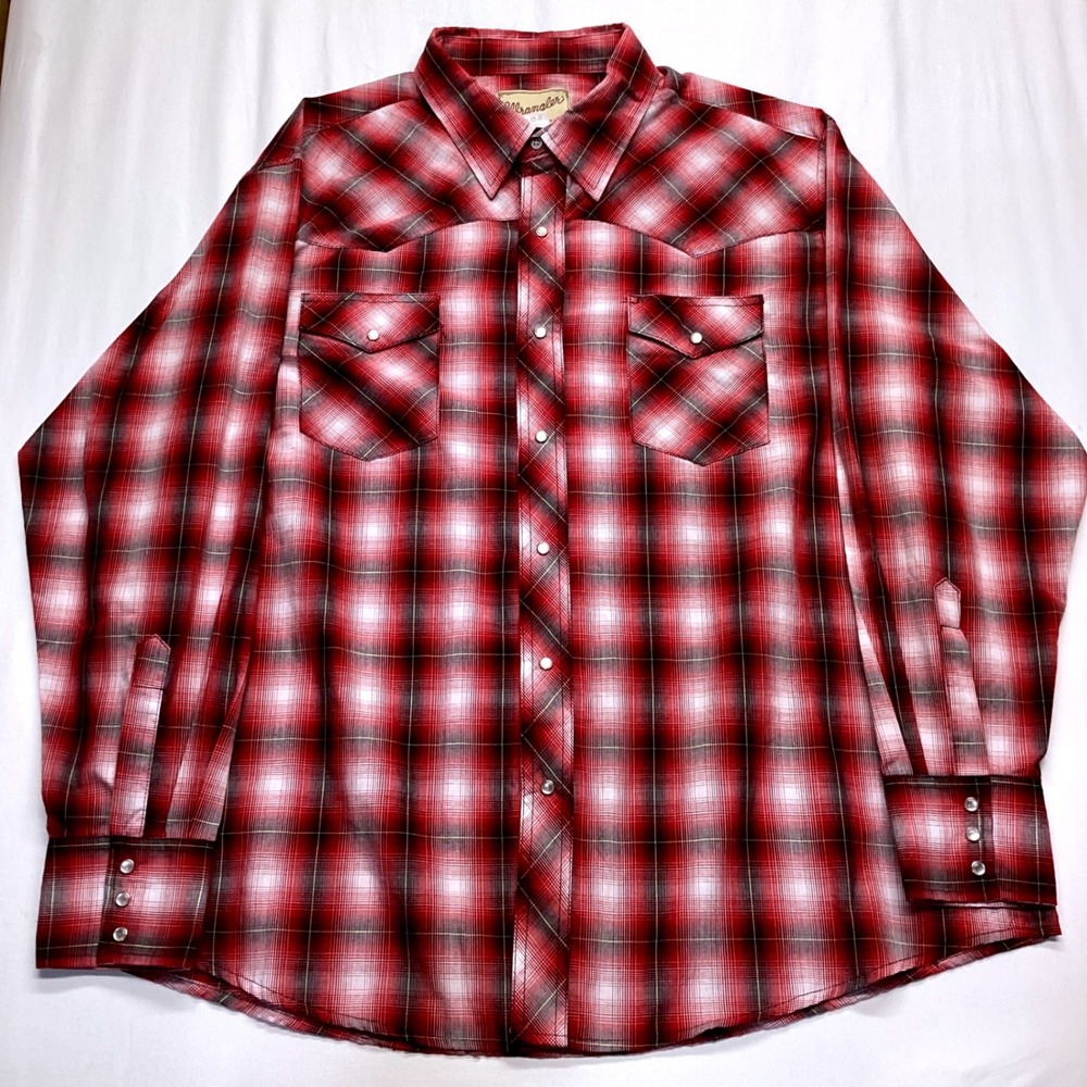 Wrangler Mens 2XL Big Western Snap Shirt Red Black Plaid Long Sleeve WM150RD